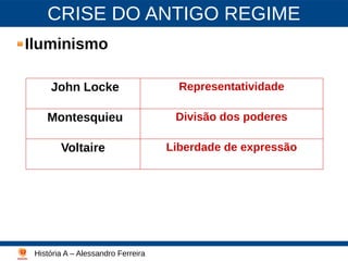 CRISE DO ANTIGO REGIME
Iluminismo
História A – Alessandro Ferreira
Lutero - 2003
John Locke Representatividade
Montesquieu Divisão dos poderes
Voltaire Liberdade de expressão
 