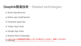 Deeplink関連技術 ~ Related technologies
● Smart App Banners
● Native app install banner
● Facebook AppLinks
● Twitter App Cards
● Google App Index
● Shared Web Credentials
● Handoff
→いっぱいいろんな関連用語が登場してきてやる気がなくなるので、整理して行きます。
Tons of relative technologies make me sick, so I classified them here.
 