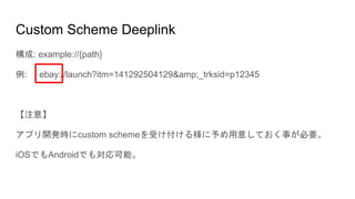Custom Scheme Deeplink
構成: example://{path}
例: ebay://launch?itm=141292504129&amp;_trksid=p12345
【注意】
アプリ開発時にcustom schemeを受け付ける様に予め用意しておく事が必要。
iOSでもAndroidでも対応可能。
 