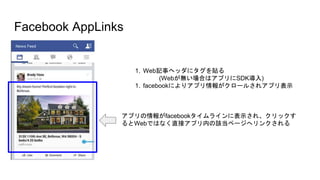 Facebook AppLinks
アプリの情報がfacebookタイムラインに表示され、クリックす
るとWebではなく直接アプリ内の該当ページへリンクされる
1. Web記事ヘッダにタグを貼る
(Webが無い場合はアプリにSDK導入)
1. facebookによりアプリ情報がクロールされアプリ表示
 