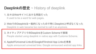 4. AppleがUniversal LinksをGoogleがAndroid App Linksを発表
Apple announced universal links; Google announced android app links.
3. ネイティブアプリでのDeeplinkをCustom Schemeで実現
People started using deeplink in native app with Custome Scheme.
2. WebでのDeeplinkは一般的になったので特にDeeplinkと呼ばなくなった
Deeplink in web became too normal to call it so anymore.
1. 元々はWebサイトにおける用語だった
It used to be a word for web pages.
Deeplinkの歴史 ~ History of deeplink
 