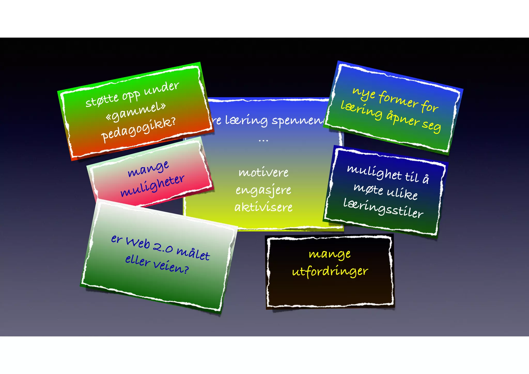 gjøre læring spennende 
… 
motivere 
engasjere 
aktivisere 
mange 
muligheter 
nye former for 
læring åpner seg 
støtte opp under 
«gammel» 
pedagogikk? 
mulighet til å 
møte ulike 
læringsstiler 
er Web 2.0 eller målet 
mange 
veien? 
utfordringer  