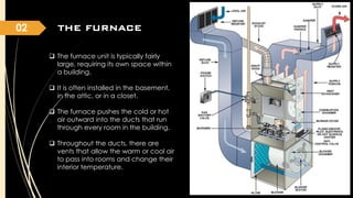 02

THE FURNACE
 The furnace unit is typically fairly
large, requiring its own space within
a building.
 It is often installed in the basement,
in the attic, or in a closet.
 The furnace pushes the cold or hot
air outward into the ducts that run
through every room in the building.
 Throughout the ducts, there are
vents that allow the warm or cool air
to pass into rooms and change their
interior temperature.

 