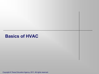 Basics of HVAC

Copyright © Texas Education Agency, 2011. All rights reserved.

 
