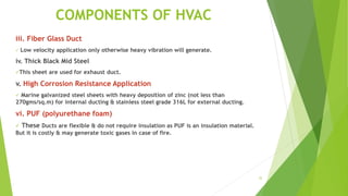 32
COMPONENTS OF HVAC
iii. Fiber Glass Duct
 Low velocity application only otherwise heavy vibration will generate.
iv. Thick Black Mid Steel
This sheet are used for exhaust duct.
v. High Corrosion Resistance Application
 Marine galvanized steel sheets with heavy deposition of zinc (not less than
270gms/sq.m) for internal ducting & stainless steel grade 316L for external ducting.
vi. PUF (polyurethane foam)
 These Ducts are flexible & do not require insulation as PUF is an insulation material.
But it is costly & may generate toxic gases in case of fire.
 
