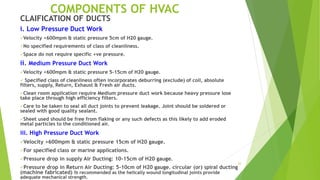 33
COMPONENTS OF HVAC
CLAIFICATION OF DUCTS
i. Low Pressure Duct Work
Velocity <600mpm & static pressure 5cm of H20 gauge.
No specified requirements of class of cleanliness.
Space do not require specific +ve pressure.
ii. Medium Pressure Duct Work
Velocity <600mpm & static pressure 5-15cm of H20 gauge.
 Specified class of cleanliness often incorporates deburring (exclude) of coil, absolute
filters, supply, Return, Exhaust & Fresh air ducts.
Clean room application require Medium pressure duct work because heavy pressure lose
take place through high efficiency filters.
Care to be taken to seal all duct joints to prevent leakage. Joint should be soldered or
sealed with good quality sealant.
Sheet used should be free from flaking or any such defects as this likely to add eroded
metal particles to the conditioned air.
iii. High Pressure Duct Work
Velocity >600mpm & static pressure 15cm of H20 gauge.
For specified class or marine applications.
Pressure drop in supply Air Ducting: 10-15cm of H20 gauge.
Pressure drop in Return Air Ducting: 5-10cm of H20 gauge. circular (or) spiral ducting
(machine fabricated) is recommended as the helically wound longitudinal joints provide
adequate mechanical strength.
 