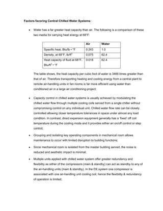 Factors favoring Central Chilled Water Systems:


   •   Water has a far greater heat capacity than air. The following is a comparison of these
       two media for carrying heat energy at 68°F:


                                                    Air       Water
                  Specific heat, Btu/lb • °F        0.243     1.0
                  Density, at 68°F, lb/ft3          0.075     62.4
                  Heat capacity of fluid at 68°F,   0.018     62.4
                       3
                  Btu/ft • °F


       The table shows, the heat capacity per cubic foot of water is 3466 times greater than
       that of air. Therefore transporting heating and cooling energy from a central plant to
       remote air-handling units in fan rooms is far more efficient using water than
       conditioned air in a large air conditioning project;


   •   Capacity control in chilled water systems is usually achieved by modulating the
       chilled water flow through multiple cooling coils served from a single chiller without
       compromising control on any individual unit. Chilled water flow rate can be closely
       controlled allowing closer temperature tolerances in space under almost any load
       condition. In contrast, direct expansion equipment generally has a ‘fixed’ off coil
       temperature during the cooling mode and it provides either an on/off control or step
       control;

   •   Grouping and isolating key operating components in mechanical room allows
       maintenance to occur with limited disruption to building functions;

   •   Since mechanical room is isolated from the master building served, the noise is
       reduced and aesthetic impact is minimal;

   •   Multiple units applied with chilled water system offer greater redundancy and
       flexibility as either of the compressors (main & standby) can act as standby to any of
       the air-handling units (main & standby). In the DX system one compressor is
       associated with one air-handling unit cooling coil, hence the flexibility & redundancy
       of operation is limited;
 