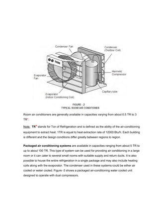 Room air conditioners are generally available in capacities varying from about 0.5 TR to 3
TR*.

Note: TR* stands for Ton of Refrigeration and is defined as the ability of the air-conditioning
equipment to extract heat. 1TR is equal to heat extraction rate of 12000 Btu/h. Each building
is different and the design conditions differ greatly between regions to region.


Packaged air conditioning systems are available in capacities ranging from about 5 TR to
up to about 100 TR. This type of system can be used for providing air conditioning in a large
room or it can cater to several small rooms with suitable supply and return ducts. It is also
possible to house the entire refrigeration in a single package and may also include heating
coils along with the evaporator. The condenser used in these systems could be either air
cooled or water cooled. Figure -3 shows a packaged air-conditioning water cooled unit
designed to operate with dual compressors.
 