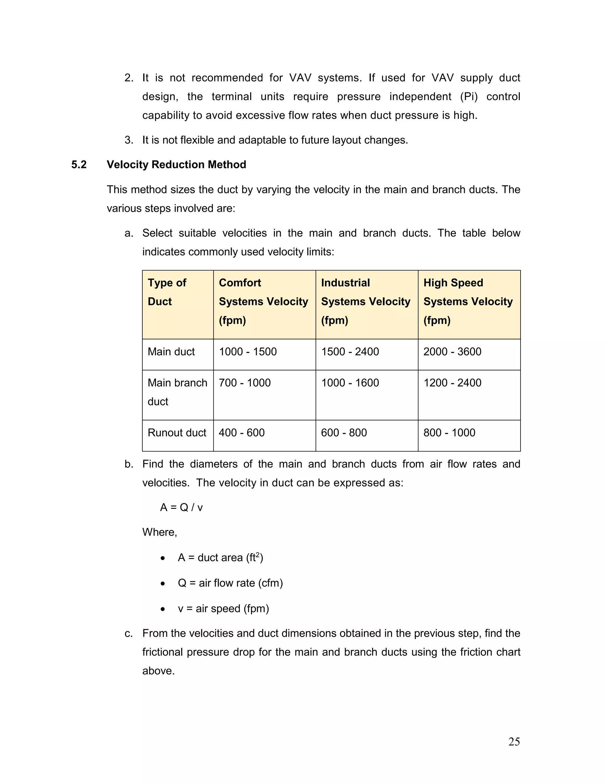 2. It is not recommended for VAV systems. If used for VAV supply duct
design, the terminal units require pressure independent (Pi) control
capability to avoid excessive flow rates when duct pressure is high.
3. It is not flexible and adaptable to future layout changes.
5.2 Velocity Reduction Method
This method sizes the duct by varying the velocity in the main and branch ducts. The
various steps involved are:
a. Select suitable velocities in the main and branch ducts. The table below
indicates commonly used velocity limits:
Type of
Duct
Comfort
Systems Velocity
(fpm)
Industrial
Systems Velocity
(fpm)
High Speed
Systems Velocity
(fpm)
Main duct 1000 - 1500 1500 - 2400 2000 - 3600
Main branch
duct
700 - 1000 1000 - 1600 1200 - 2400
Runout duct 400 - 600 600 - 800 800 - 1000
b. Find the diameters of the main and branch ducts from air flow rates and
velocities. The velocity in duct can be expressed as:
A = Q / v
Where,
• A = duct area (ft2
)
• Q = air flow rate (cfm)
• v = air speed (fpm)
c. From the velocities and duct dimensions obtained in the previous step, find the
frictional pressure drop for the main and branch ducts using the friction chart
above.
25
 