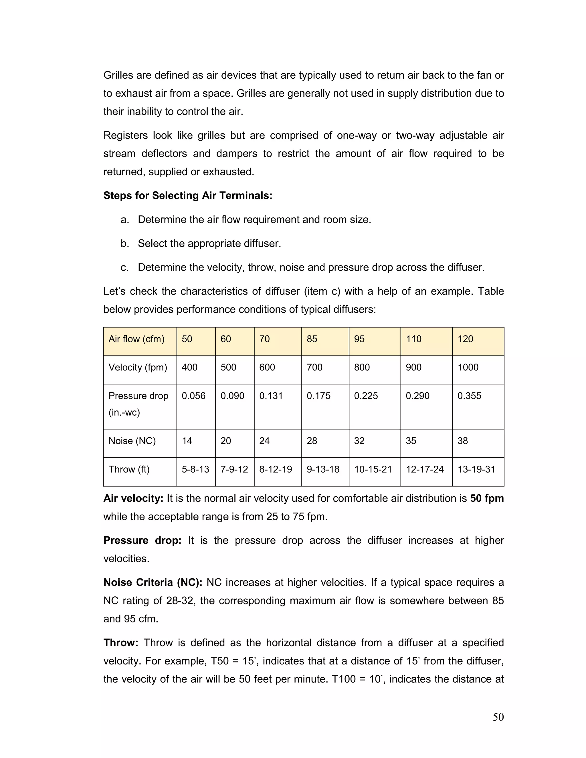 Grilles are defined as air devices that are typically used to return air back to the fan or
to exhaust air from a space. Grilles are generally not used in supply distribution due to
their inability to control the air.
Registers look like grilles but are comprised of one-way or two-way adjustable air
stream deflectors and dampers to restrict the amount of air flow required to be
returned, supplied or exhausted.
Steps for Selecting Air Terminals:
a. Determine the air flow requirement and room size.
b. Select the appropriate diffuser.
c. Determine the velocity, throw, noise and pressure drop across the diffuser.
Let’s check the characteristics of diffuser (item c) with a help of an example. Table
below provides performance conditions of typical diffusers:
Air flow (cfm) 50 60 70 85 95 110 120
Velocity (fpm) 400 500 600 700 800 900 1000
Pressure drop
(in.-wc)
0.056 0.090 0.131 0.175 0.225 0.290 0.355
Noise (NC) 14 20 24 28 32 35 38
Throw (ft) 5-8-13 7-9-12 8-12-19 9-13-18 10-15-21 12-17-24 13-19-31
Air velocity: It is the normal air velocity used for comfortable air distribution is 50 fpm
while the acceptable range is from 25 to 75 fpm.
Pressure drop: It is the pressure drop across the diffuser increases at higher
velocities.
Noise Criteria (NC): NC increases at higher velocities. If a typical space requires a
NC rating of 28-32, the corresponding maximum air flow is somewhere between 85
and 95 cfm.
Throw: Throw is defined as the horizontal distance from a diffuser at a specified
velocity. For example, T50 = 15’, indicates that at a distance of 15’ from the diffuser,
the velocity of the air will be 50 feet per minute. T100 = 10’, indicates the distance at
50
 