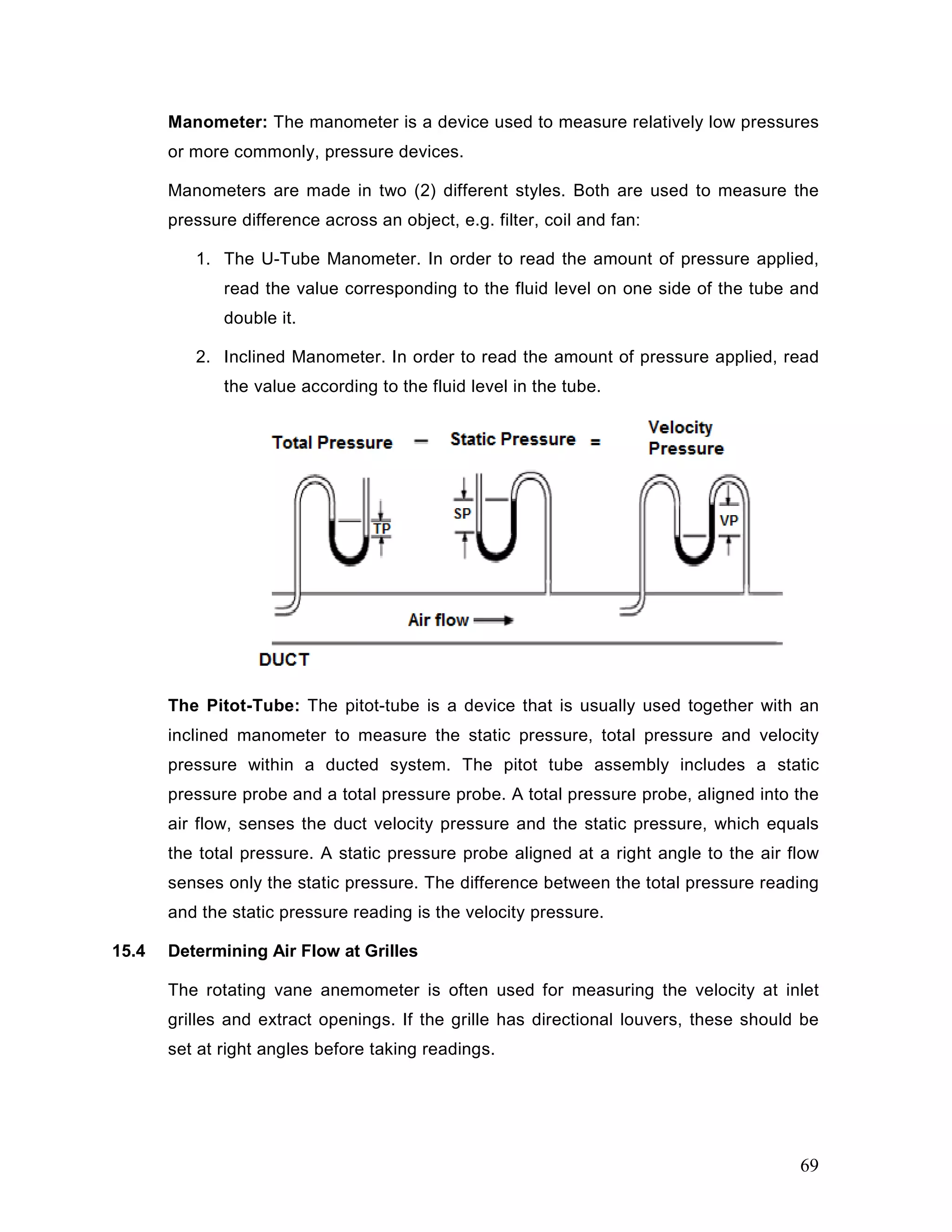 Manometer: The manometer is a device used to measure relatively low pressures
or more commonly, pressure devices.
Manometers are made in two (2) different styles. Both are used to measure the
pressure difference across an object, e.g. filter, coil and fan:
1. The U-Tube Manometer. In order to read the amount of pressure applied,
read the value corresponding to the fluid level on one side of the tube and
double it.
2. Inclined Manometer. In order to read the amount of pressure applied, read
the value according to the fluid level in the tube.
The Pitot-Tube: The pitot-tube is a device that is usually used together with an
inclined manometer to measure the static pressure, total pressure and velocity
pressure within a ducted system. The pitot tube assembly includes a static
pressure probe and a total pressure probe. A total pressure probe, aligned into the
air flow, senses the duct velocity pressure and the static pressure, which equals
the total pressure. A static pressure probe aligned at a right angle to the air flow
senses only the static pressure. The difference between the total pressure reading
and the static pressure reading is the velocity pressure.
15.4 Determining Air Flow at Grilles
The rotating vane anemometer is often used for measuring the velocity at inlet
grilles and extract openings. If the grille has directional louvers, these should be
set at right angles before taking readings.
69
 