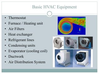 Basic HVAC Equipment
• Thermostat
• Furnace / Heating unit
• Air Filters
• Heat exchanger
• Refrigerant lines
• Condensing units
• Evaporator (cooling coil)
• Ductwork
• Air Distribution System
 