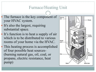 Furnace/Heating Unit
 The furnace is the key component of
your HVAC system.
 It's also the largest, requiring
substantial space.
 It’s function is to heat a supply of air
which is to be distributed to various
rooms of your home via the HVAC.
 This heating process is accomplished
of four possible heat sources-
(burning natural gas, oil, coal, or
propane, electric resistance, heat
pump)
 