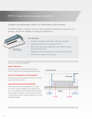 34 
PMFY (1-way Ceiling–recessed Cassette) 
Compact and lightweight, perfect for office spaces with windows 
The PMFY model is a ductless, one-way, ceiling-recessed cassette that moves air in one 
direction, and has the capability of introducing ventilation air. 
Capacity Range: 
6,000–15,000 Btu/h 
benefits 
Key Features 
• The PMFY is available in 6,000, 8,000, 12,000 and 15,000 Btu/h 
• Standardized cabinet size for all models: 31-31/32" 
• Airflow control technology operates as low as 27 dB(A) for industry-leading 
quiet performance 
• Integrated condensate lift mechanism to provide up to 23 5/8" of lift 
• Full unit access through front cover panel 
Quiet operation 
Specialized airflow control technology operates as 
low as 27 dB(A) for industry–leading quiet performance. 
Built-In Condensate Lift Mechanism 
The drain pipe can be extended anywhere up to 23-5/8" 
above the ceiling’s surface. 
easy installation and maintenance 
PMFY body size has been standardized for all models 
at 31-31/32" for easier installation. With a height of only 
9-1/16", the profile is one of the smallest of all CITY MULTI® 
ceiling models. Unit weight is only 31 pounds for the main 
unit and seven pounds for the panel, making this unit one of 
the lightest available. 
Drain mechanism 
 