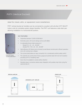 40 
PVFY (Vertical Ducted) 
Ideal for closet, attic, or equipment room installations 
indoor units 
PVFY vertical ducted air handlers can be connected to a system with all other CITY MULTI® 
indoor units for complete system design flexibility. The PVFY unit features a side drain pan 
allowing installation in a horizontal left position. 
Capacity Range: 
12,000-54,000 Btu/h 
Key Features 
• Capacities between 12,000-54,000 Btu/h 
• Extremely quiet, with sound ratings as low as 29 dB(A) 
• An adjustable blower static pressure of 
·· Model P12: .20 - .40 - .60 ESP 
·· Models P18 - P54: .30 - .50 - .80 ESP 
• High efficiency DC Motors and a forward curved blower provide quiet, efficient operation, 
even with varying input voltages 
• The control board allows an easy connection for a condensate overflow safety switch 
• The cabinets are constructed of heavy gauge pre-painted steel with one-inch insulation 
providing an R-4.2 insulating value 
• Down flow kit available to reverse airflow direction 
• Standard plug-in connection allows easy integration with auxiliary heat when using the 
optional relay kit 
VERTICAL AIRFLOW DOWN FLOW 
HORIZONTAL LEFT AIRFLOW 
Requires kit 
 