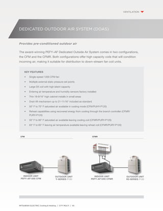 Provides pre-conditioned outdoor air 
The award-winning PEFY–AF Dedicated Outside Air System comes in two configurations, 
the CFM and the CFMR. Both configurations offer high capacity coils that will condition 
incoming air, making it suitable for distribution to down–stream fan coil units. 
Key Features 
• Single-speed 1200 CFM fan 
• Multiple external static pressure set points 
• Large DX coil with high latent capacity 
• Entering air temperature and humidity sensors factory installed 
• Thin 18-9/16" high cabinet installs in small areas 
• Drain lift mechanism up to 21-11/16" included as standard 
• 50° F to 70° F saturated air available in cooling mode (CFM/PUHY-P120) 
• Reheat capabilities using recovered energy from cooling through the branch controller (CFMR/ 
MITSUBISHI ELECTRIC Cooling & Heating / CITY MULTI / 45 
ventilation 
Dedicated Outdoor Air System (DOAS) 
Outdoor Unit 
Y-Series P120 
Indoor Unit 
PEFY–AF1200 CFM 
Outdoor Unit 
R2-Series P120 
Indoor Unit 
PEFY–AF1200 CFMR 
PURY-P120) 
• 50° F to 60° F saturated air available leaving cooling coil (CFMR/PURY-P120) 
• 63° F to 83° F leaving air temperature available leaving reheat coil (CFMR/PURY-P120) 
CFM CFMR 
 