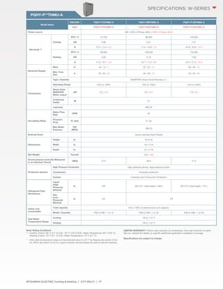 PQHY-P**THMU-A 
MITSUBISHI ELECTRIC Cooling & Heating / CITY MULTI / 77 
SPECIFICATIONS: W-series 
Model Name 
208/230V PQHY-P72THMU-A PQHY-P96THMU-A PQHY-P120THMU-A 
460V PQHY-P72YHMU-A PQHY-P96YHMU-A PQHY-P120YHMU-A 
Power source 208 / 230V, 3-Phase, 60Hz / 460V, 3-Phase, 60Hz 
(Nominal) *1 
Cooling 
BTU / h 72,700 96,000 120,000 
kW 3.85 5.61 7.51 
A 12.2 / 11.0 / 5.5 17.4 / 15.8 / 7.8 22.9 / 20.8 / 10.3 
Heating 
BTU / h 80,000 108,000 135,000 
kW 3.83 6.18 7.62 
A 11.8 / 10.7 / 5.3 19.1 / 17.2 / 8.6 23.5 / 21.3 / 10.6 
Electrical Supply 
MCA A 16 / 14 / 7 22 / 22 / 10 29 / 26 / 13 
Max. Fuse 
Size 
A 20 / 20 / 15 30 / 30 / 15 40 / 40 / 20 
Compressor 
Type x Quantity INVERTER-driven Scroll Hermetic x 1 
Operating Range 23% to 100% 19% to 100% 14% to 100% 
Direct-drive 
INVERTER 
kW 4.5 / 4.6 6.2 / 6.3 7.9 / 8.5 
Motor output 
Crankcase 
heater 
W 51 
Lubricant MEL32 
Circulating Water 
Water Flow 
Rate 
GPM 25 
Pressure 
Drop 
Ft. (psi) 6 / (3) 
Max Water 
Pressure 
PSI 
(MPA) 290 (2) 
External finish Acrylic-painted Steel Sheets 
Dimensions 
Height In. 43-5/16 
Width In. 34-11/16 
Depth In. 21-11/16 
Net Weight Pounds 433 / 459 
Sound pressure level (As Measured 
in an Anechoic Room) 
dB(A) 47.0 49.0 51.0 
Protection devices 
High Pressure Protection High pressure sensor, High pressure switch 
Compressor Overheat protection 
Inverter Overheat and Overcurrent Protection 
Refrigerant Pipe 
Dimensions 
Liquid 
(High 
Pressure) 
(Brazed) 
In. 3/8 3/8 (1/2", total length ≥ 295') 3/8 (1/2",total length ≥ 131') 
Gas 
(Low 
Pressure) 
(Brazed) 
In. 3/4 7/8 
Indoor unit 
connectable 
Total capacity 50 to 130% of water-source unit capacity 
Model / Quantity P06 to P96 / 1 to 15 P06 to P96 / 1 to 20 P06 to P96 / 1 to 26 
Inlet Water 
Temperature Range 
Cooling *50 to 113° F 
Heating *50 to 113° F 
Note: Rating Conditions 
*1 Cooling: Indoor: 80° F (27° C) D.B. / 67° F (19°C) W.B.; Water Temperature: 85° F (29° C) 
Heating: Indoor: 70° F (21° C) D.B.; Water Temperature: 70° F (21° C) 
* Inlet water temperature range can be extended down to 23° F by flipping dip switch 3-9 to 
on. When dip switch 3-9 is on a glycol solution should always be used to prevent freezing. 
LIMITED WARRANTY | Seven-year warranty on compressor. One-year warranty on parts. 
See our website for details on specific additional application installation coverage. 
Specifications are subject to change. 
 