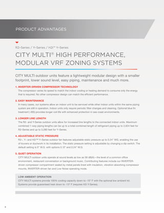 8 
Product advantages 
R2–Series / Y–Series / H2i™ Y–Series 
CITY MULTI® high performance, 
modular VRF zoning Systems 
CITY MULTI outdoor units feature a lightweight modular design with a smaller 
footprint, lower sound level, easy piping, maintenance and much more. 
1. Inverter-driven compressor TECHNOLOGY 
The compressor varies its speed to match the indoor cooling or heating demand to consume only the energy 
that is required. No other compressor design can match the efficient performance. 
2. Easy maintenance 
In many cases, our systems allow an indoor unit to be serviced while other indoor units within the same piping 
system are still in operation. Indoor units only require periodic filter changes and cleaning. Optional blue fin 
treatment (-BS) provides longer coil life with enhanced protection in sea coast environments. 
3. Longer line length 
The R2- and Y-Series outdoor units allow for increased line lengths to the connected indoor units. Maximum 
combined 1-way piping lengths can be up to a total combined length of refrigerant piping up to 2,624 feet for 
R2–Series and up to 3,280 feet for Y–Series. 
4. ADJUSTABLE static pressure 
R2–, Y– and H2i™ Y–Series outdoor fan features adjustable static pressure up to 0.24" WG, enabling the use 
of louvers or ductwork in its installation. The static pressure setting is adjustable by changing a dip switch. The 
default setting is 0" W.G. with options 0.12" and 0.24" W.G. 
5. Quiet Operation 
CITY MULTI outdoor units operate at sound levels as low as 58 dB(A)—the level of a common office 
environment, restaurant conversation or background music. Contributing features include our INVERTER-driven 
compressor compartment sealed by metal panels lined with insulation, vibration absorbing compressor 
mounts, inverter-driven fan and Low Noise operating mode. 
Low Ambient Operation 
CITY MULTI systems provide 100% cooling capacity down to -10° F with the optional low ambient kit. 
Systems provide guaranteed heat down to -13° F (requires H2i Y-Series). 
 