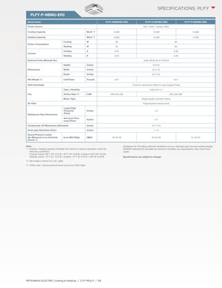 PLFY-P-NBMU-ER2 
MITSUBISHI ELECTRIC Cooling & Heating / CITY MULTI / 83 
SPECIFICATIONS: PLFY 
Model Name PLFY-P08NCMU-ER2 PLFY-P12NCMU-ER2 PLFY-P15NCMU-ER2 
Power Source 208 / 230V, 1-phase, 60Hz 
Cooling Capacity Btu/h *1 8,000 12,000 15,000 
Heating Capacity Btu/h *1 9,000 13,500 17,000 
Power Consumption 
Cooling W 50 60 
Heating W 50 60 
Current 
Cooling A 0.23 0.28 
Heating A 0.23 0.28 
External Finish (Munsell No.) Grille: White (6.4Y 8.9/0.4) 
Dimensions 
Height Inches 8-3/16 
Width Inches 22-7/16 
Depth Inches 22-7/16 
Net Weight *2 Unit/Panel Pounds 34/7 37/7 
Heat Exchanger Cross Fin (Aluminum Plate Fin and Copper Tube) 
Fan 
Type x Quantity Turbo Fan x 1 
Airflow Rate *3 CFM 280-320-350 320-350-390 
Motor Type Single-phase Induction Motor 
Air Filter Polypropylene Honeycomb 
Refrigerant Pipe Dimensions 
Liquid (High 
Pressure) 
(Flare) 
Inches 1/4 
Gas (Low Pres-sure) 
(Flare) 
Inches 1/2 
Condensate Lift Mechanism (Standard) Inches 19-11/16 
Drain pipe Dimension (O.D.) Inches 1-1/4 
Sound Pressure Levels 
(As Measured in an Anechoic 
Room) *3 
(Low-Mid-High) dB(A) 29-32-38 30-34-39 31-35-40 
Note: 
*1 Cooling / Heating capacity indicates the maximum value at operation under the 
following conditions: 
Cooling: Indoor: 80˚ F (27˚ C) D.B. / 67˚F (19˚ C) W.B.; Outdoor: 95˚F (35˚ C) D.B. 
Heating: Indoor: 70˚ F (21˚ C) D.B.; Outdoor: 47˚ F (8˚ C) D.B. / 43˚F (6˚ C) W.B. 
*2 Net weight is shown for unit / grille 
*3 Airflow rate / sound pressure levels are at (Low-Mid-High). 
Ventilation Air: Providing sufficient ventilation air is an important part of every building design. 
ASHRAE Standard 62 provides the minimum ventilation air requirements. Also check local 
codes. 
Specifications are subject to change. 
 