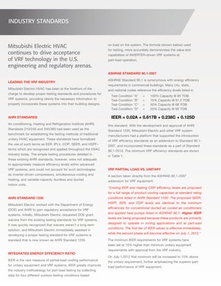 LEADING THE VRF INDUSTRY 
Mitsubishi Electric HVAC has been at the forefront of the 
charge to develop proper testing standards and procedures for 
VRF systems, providing clients the necessary information to 
properly incorporate these systems into their building designs. 
AHRI STANDARDS 
Air-conditioning, Heating and Refrigeration Institute (AHRI) 
Standards 210/240 and 340/360 had been used as the 
benchmark for establishing the testing methods of traditional 
unitary HVAC equipment. These standards have formalized 
the use of such terms as EER, IPLV, COP, SEER, and HSPF– 
terms which are recognized and applied throughout the HVAC 
industry today. The simple testing procedures detailed in 
these existing AHRI standards, however, were not adequate 
to appropriately measure efficiency levels within advanced 
VRF systems, and could not account for such technologies 
as inverter-driven compressors, simultaneous cooling and 
heating, and variable-capacity ductless and ducted 
indoor units. 
AHRI STANDARD 1230 
Mitsubishi Electric worked with the Department of Energy 
(DOE) and AHRI to gain regulatory acceptance for VRF 
systems. Initially, Mitsubishi Electric requested DOE grant 
waivers from the existing testing standards for VRF systems. 
It was quickly recognized that waivers weren’t a long-term 
solution, and Mitsubishi Electric immediately assisted in 
developing a proper testing standard for VRF systems–a 
standard that is now known as AHRI Standard 1230. 
INTEGRATED ENERGY EFFICIENCY RATIO 
IEER is the new measure of partial-load cooling performance 
for unitary equipment and VRF systems. IEER greatly improves 
the industry methodology for part-load testing by collecting 
data for four different outdoor testing conditions based 
FPO IMAGE TO COME 
Mitsubishi Electric HVAC 
continues to drive acceptance 
of VRF technology in the U.S. 
engineering and regulatory arenas. 
on load on the system. The formula (shown below) used 
for testing, more accurately demonstrates the value and 
capabilities of INVERTER-driven VRF systems at 
part-load operation. 
ASHRAE STANDARD 90.1-2007 
ASHRAE Standard 90.1 is synonymous with energy efficiency 
requirements in commercial buildings. Many city, state, 
and national codes reference the efficiency levels listed in 
this standard. With the development and approval of AHRI 
Standard 1230, Mitsubishi Electric and other VRF system 
manufacturers had a platform that supported the introduction 
of VRF efficiency standards as an addendum to Standard 90.1- 
2007, and incorporated these standards as a part of Standard 
90.1-2010. The minimum VRF efficiency standards are shown 
in Table 1. 
VRF PARTIAL LOAD VS. UNITARY 
A section taken directly from the ASHRAE-90.1-2007 
addendum for VRF equipment: 
"Cooling EER and heating COP efficiency levels are proposed 
for a full range of product cooling capacities at standard rating 
conditions listed in AHRI Standard 1230. The proposed SEER, 
HSPF, EER, and COP levels are identical to the minimum 
efficiencies for conventional ducted air cooled air conditioners 
and applied heat pumps listed in ASHRAE 90.1. Higher IEER 
levels are being proposed because these products are primarily 
designed to operate in zoning applications and at part-load 
conditions. The first tier of IEER values is effective immediately, 
while the second phase will become effective on July 1, 2012." 
The minimum IEER requirements for VRF systems have 
been set at 10% higher than minimum unitary equipment 
requirements with approval from the VRF industry. 
On July 1,2012 that minimum will be increased to 15% above 
the unitary requirement, further emphasizing the superior part-load 
performance of VRF equipment. 
INDUSTRY STANDARDS 
Test Condition "A" = 100% Capacity @ 95˚ FDB 
Test Condition "B" = 75% Capacity @ 81.5˚ FDB 
Test Condition "C" = 50% Capacity @ 68˚ FDB 
Test Condition "D" = 25% Capacity @ 65˚ FDB 
IEER = 0.02A + 0.617B + 0.238C + 0.125D 
 