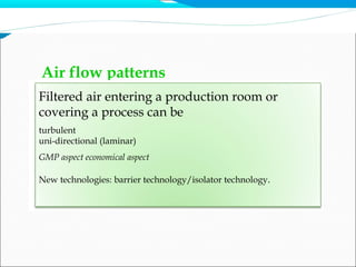 Air flow patterns
Filtered air entering a production room or
covering a process can be
turbulent
uni-directional (laminar)
GMP aspect economical aspect
New technologies: barrier technology/isolator technology.
 