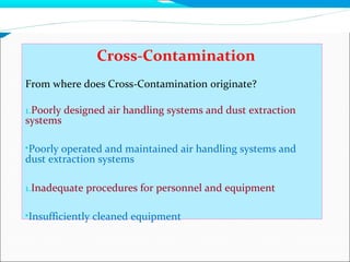 Cross-Contamination
From where does Cross-Contamination originate?
1.Poorly designed air handling systems and dust extraction
systems
•Poorly operated and maintained air handling systems and
dust extraction systems
1.Inadequate procedures for personnel and equipment
•Insufficiently cleaned equipment
 