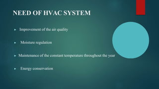NEED OF HVAC SYSTEM
▶ Improvement of the air quality
▶ Moisture regulation
▶ Maintenance of the constant temperature throughout the year
▶ Energy conservation
 