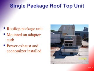 Single Package Roof Top Unit



• Rooftop package unit
• Mounted on adaptor
    curb
•   Power exhaust and
    economizer installed


                                    Slide 18
 