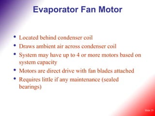 Evaporator Fan Motor


•   Located behind condenser coil
•   Draws ambient air across condenser coil
•   System may have up to 4 or more motors based on
    system capacity
•   Motors are direct drive with fan blades attached
•   Requires little if any maintenance (sealed
    bearings)


                                                       Slide 29
 