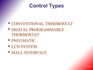 Control Types


• CONVENTIONAL THERMOSTAT
• DIGITAL PROGRAMMABLE
    THERMOSTAT
•   PNEUMATIC
•   LCD SYSTEM
•   MALL INTERFACE


                            Slide 32
 