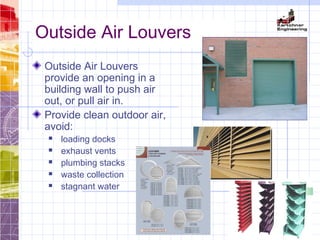Outside Air Louvers
Outside Air Louvers
provide an opening in a
building wall to push air
out, or pull air in.
Provide clean outdoor air,
avoid:
 loading docks
 exhaust vents
 plumbing stacks
 waste collection
 stagnant water
 