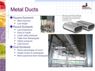 Metal Ducts
Square Ductwork
 Most common
 Low height
Round Ductwork
 Less Expensive
 Easy to Install
 Lower static pressure
 Taller than Rectangular
 Higher pressure
 Less Sound
Oval Ductwork
 Same advantages of round
 Height similar to rectangular
 More expensive than rectangular
 