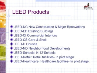LEED Products
LEED-NC New Construction & Major Renovations
LEED-EB Existing Buildings
LEED-CI Commercial Interiors
LEED-CS Core & Shell
LEED-H Houses
LEED-ND Neighborhood Developments
LEED-Schools: K-12 Schools
LEED-Retail: Retail facilities- In pilot stage
LEED-Healthcare: Healthcare facilities- In pilot stage
 