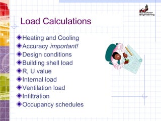 Load Calculations
Heating and Cooling
Accuracy important!
Design conditions
Building shell load
R, U value
Internal load
Ventilation load
Infiltration
Occupancy schedules
 
