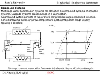 Sana’a University
Dr. Abduljalil Al-Abidi HVAC
Mechanical Engineering department
Compound Systems
Multistage vapor compression systems are classified as compound systems or cascade
systems. Cascade systems are discussed in a later section.
A compound system consists of two or more compression stages connected in series.
For reciprocating, scroll, or screw compressors, each compression stage usually
requires a separate
Two-stage compound system with a flash cooler: (a) schematic diagram; (b) refrigeration cycle.
 