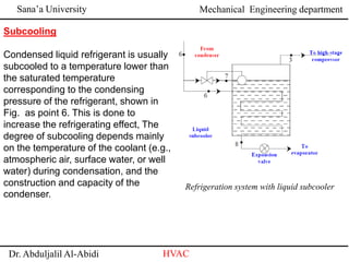 Sana’a University
Dr. Abduljalil Al-Abidi HVAC
Mechanical Engineering department
Subcooling
Condensed liquid refrigerant is usually
subcooled to a temperature lower than
the saturated temperature
corresponding to the condensing
pressure of the refrigerant, shown in
Fig. as point 6. This is done to
increase the refrigerating effect, The
degree of subcooling depends mainly
on the temperature of the coolant (e.g.,
atmospheric air, surface water, or well
water) during condensation, and the
construction and capacity of the
condenser.
Refrigeration system with liquid subcooler
 