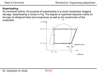Sana’a University
Dr. Abduljalil Al-Abidi HVAC
Mechanical Engineering department
Superheating
As mentioned before, the purpose of superheating is to avoid compressor slugging
damage. Superheating is shown in Fig. The degree of superheat depends mainly on
the type of refrigerant feed and compressor as well as the construction of the
evaporator
 