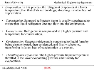 Sana’a University
Dr. Abduljalil Al-Abidi HVAC
Mechanical Engineering department
• Evaporation. In this process, the refrigerant evaporates at a lower
temperature than that of its surroundings, absorbing its latent heat of
vaporization.
• Superheating. Saturated refrigerant vapor is usually superheated to
ensure that liquid refrigerant does not flow into the compressor.
• Compression. Refrigerant is compressed to a higher pressure and
temperature for condensation.
• Condensation. Gaseous refrigerant is condensed to liquid form by
being desuperheated, then condensed, and finally subcooled,
transferring its latent heat of condensation to a coolant.
• Throttling and expansion. The higher-pressure liquid refrigerant is
throttled to the lower evaporating pressure and is ready for
evaporation.
 