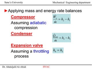 Sana’a University
Dr. Abduljalil Al-Abidi HVAC
Mechanical Engineering department
Compressor
Assuming adiabatic
compression
Condenser
Expansion valve
Assuming a throttling
process
1
2
c
h
h
m
W




3
4 h
h 
►Applying mass and energy rate balances
3
2
out
h
h
m
Q




 