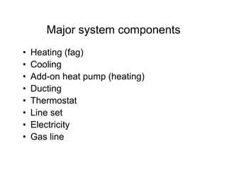 Major system components
•   Heating (fag)
•   Cooling
•   Add-on heat pump (heating)
•   Ducting
•   Thermostat
•   Line set
•   Electricity
•   Gas line
 