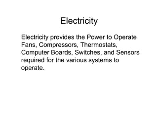 Electricity
Electricity provides the Power to Operate
Fans, Compressors, Thermostats,
Computer Boards, Switches, and Sensors
required for the various systems to
operate.
 