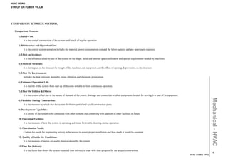 HVAC WORK
6TH OF OCTOBER VILLA




COMPARISON BETWEEN SYSTEMS.

  Comparison Elements:

    1) Initial Cost:
         It is the cost of construction of the system until reach of regular operation.

    2) Maintenance and Operation Cost:
         It is the cost of system operation includes the material, power consumption cost and the labors salaries and any spare parts expenses.

    3) Effect on Architect:
         It is the influence raised by use of the system on the shape, faced and internal spaces utilization and special requirements needed by machines.

    4) Effects on Structure:
         It is the impact on the structure be weight of the machines and equipment and the effect of opening & provisions on the structure.

    5) Effect On Environment:
         Includes the heat emission, humidity, noise vibration and chemicals propagation.

    6) Estimated Operation Life:
         It is the life of the system from start up till become not able to form continuous operation.

    7) Effect On Utilities & Others:
         It is the system effect due to the nature of demand of the power, drainage and connection to other equipments located for serving it or part of its equipment.




                                                                                                                                                                                            Mechanical - HVAC
    8) Flexibility During Construction:
         It is the measure by which that the system facilitates partial and quick construction plans.

    9) Development Capability:
         It is ability of the system to be connected with other systems and complying with addition of other facilities in future.

    10) Operation Facilities:
         It is the measure of how the system is operating and treats for trouble shooting during operation.

    11) Coordination Needs:
         Contain the needs for engineering activity to be needed to assure proper installation and how much it would be essential.

    12) Quality of Inside Air Conditions:
         It is the measure of indoor air quality been produced by the system.

    13)Time For Delivery:
         It is the factor that shows the system expected time delivery to cope with time program for the project construction.
                                                                                                                                                                                              5
                                                                                                                                                                          HVAC-AHMED ATTA
 