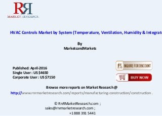 HVAC Controls Market by System (Temperature, Ventilation, Humidity & Integrate
By
MarketsandMarkets
Browse more reports on Market Research @
http://www.rnrmarketresearch.com/reports/manufacturing-construction/construction .
© RnRMarketResearch.com ;
sales@rnrmarketresearch.com ;
+1 888 391 5441
Published: April-2016
Single User : US $4650
Corporate User : US $7150
 