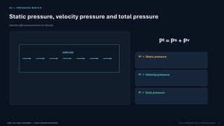 ENG. ALI UDAY HAROBEY | HVAC DESIGN ENGINEER ESP • PRESSURE LOSS • FAN SELECTION
03 — PRESSURE BASI C S
Static pressure, velocity pressure and total pressure
Use the right pressure term for the job.
AIRFLOW
Pᵗ = Pˢ + Pᵛ
Pˢ = Static pressure
Pᵛ = Velocity pressure
Pᵗ = Total pressure
4
 