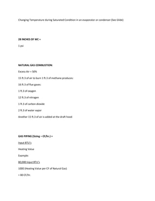Changing Temperature during Saturated Condition in an evaporator or condenser (See Glide)
28 INCHES OF WC =
1 psi
NATURAL GAS COMBUSTION:
Excess Air = 50%
15 ft.3 of air to burn 1 ft.3 of methane produces:
16 ft.3 of flue gases:
1 ft.3 of oxygen
12 ft.3 of nitrogen
1 ft.3 of carbon dioxide
2 ft.3 of water vapor
Another 15 ft.3 of air is added at the draft hood
GAS PIPING (Sizing – CF/hr.) =
Input BTU’s
Heating Value
Example:
80,000 Input BTU’s
1000 (Heating Value per CF of Natural Gas)
= 80 CF/hr.
 