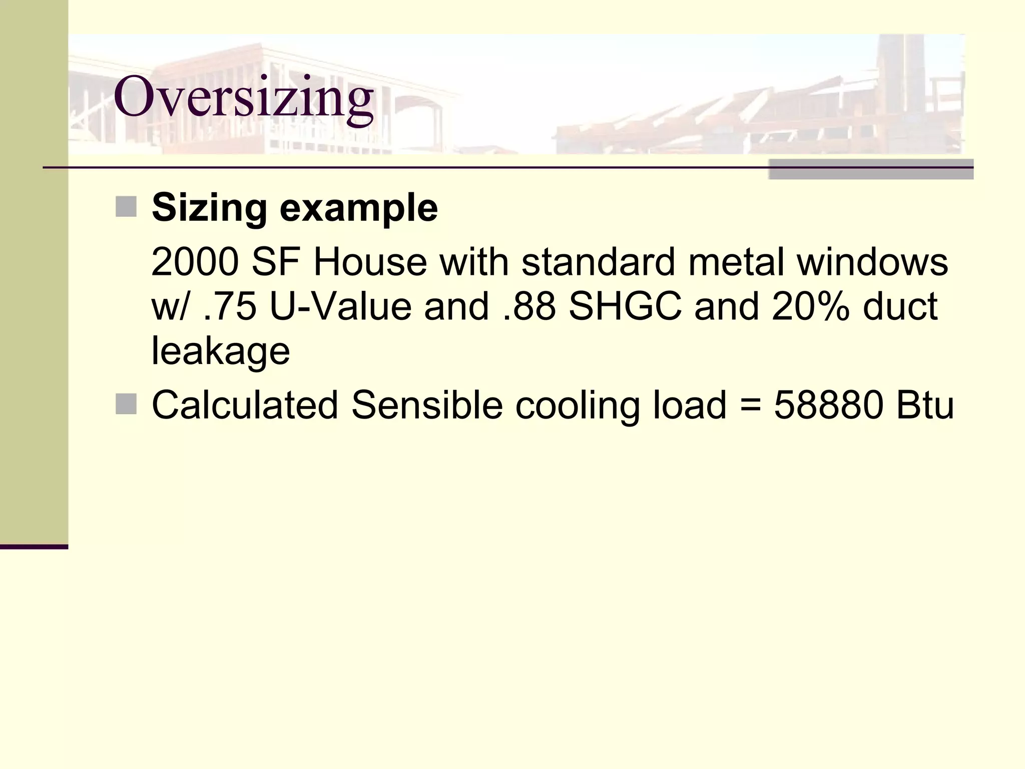 Oversizing Sizing example   2000 SF House with standard metal windows w/ .75 U-Value and .88 SHGC and 20% duct leakage Calculated Sensible cooling load = 58880 Btu 