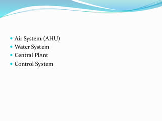  Air System (AHU)
 Water System
 Central Plant
 Control System
 