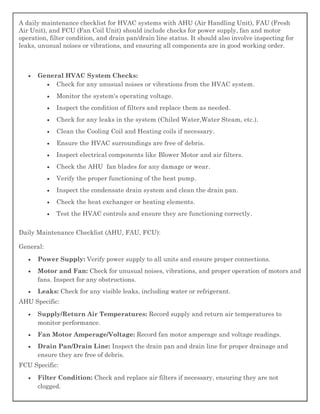 Daily HVAC Monitoring Checklist for Maintenance | PDF