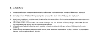 1. Pengukuran kebisingan ruanganMelakukan pengukuran kebisingan pada open plan dan mempelajari karakteristik kebisingan
2. Mempelajari Desain HVAC SistemMempelajari gambar rancangan dari desain sistem HVAC yang akan diaplikasikan.
3. Menghimpun Data Akustik Komponen HVACMengumpulkan data keluaran bising dari komponen yang digunakan dalam desain guna
keperluan kalkulasi simulasi
4. Kalkulasi Simulasi Pra-SolusiMelakukan Kalkulasi simulasi dengan data yang diperoleh sebelumnya dengan software AIM (Acoustic
Information Modelling). Analisa data dan hipotesa sumber masalah.
5. Kalkulasi Simulasi Paska-SolusiDevelop desain solusi dan melakukan simulasi ulang dengan software AIM(Acoustic Information
Modelling).
6. Kesimpulan dan SaranPemberian kesimpulan dari seluruh proses pengerjaan dan pemberian saran jika masih ada hal-hal yang bisa
dilakukan untuk memperoleh kondisi optimum.
1.4 Metode Kerja
 