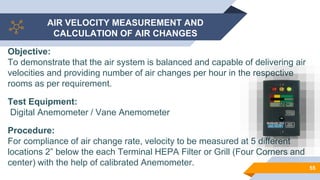 AIR VELOCITY MEASUREMENT AND
CALCULATION OF AIR CHANGES
55
Objective:
To demonstrate that the air system is balanced and capable of delivering air
velocities and providing number of air changes per hour in the respective
rooms as per requirement.
Test Equipment:
Digital Anemometer / Vane Anemometer
Procedure:
For compliance of air change rate, velocity to be measured at 5 different
locations 2” below the each Terminal HEPA Filter or Grill (Four Corners and
center) with the help of calibrated Anemometer.
 